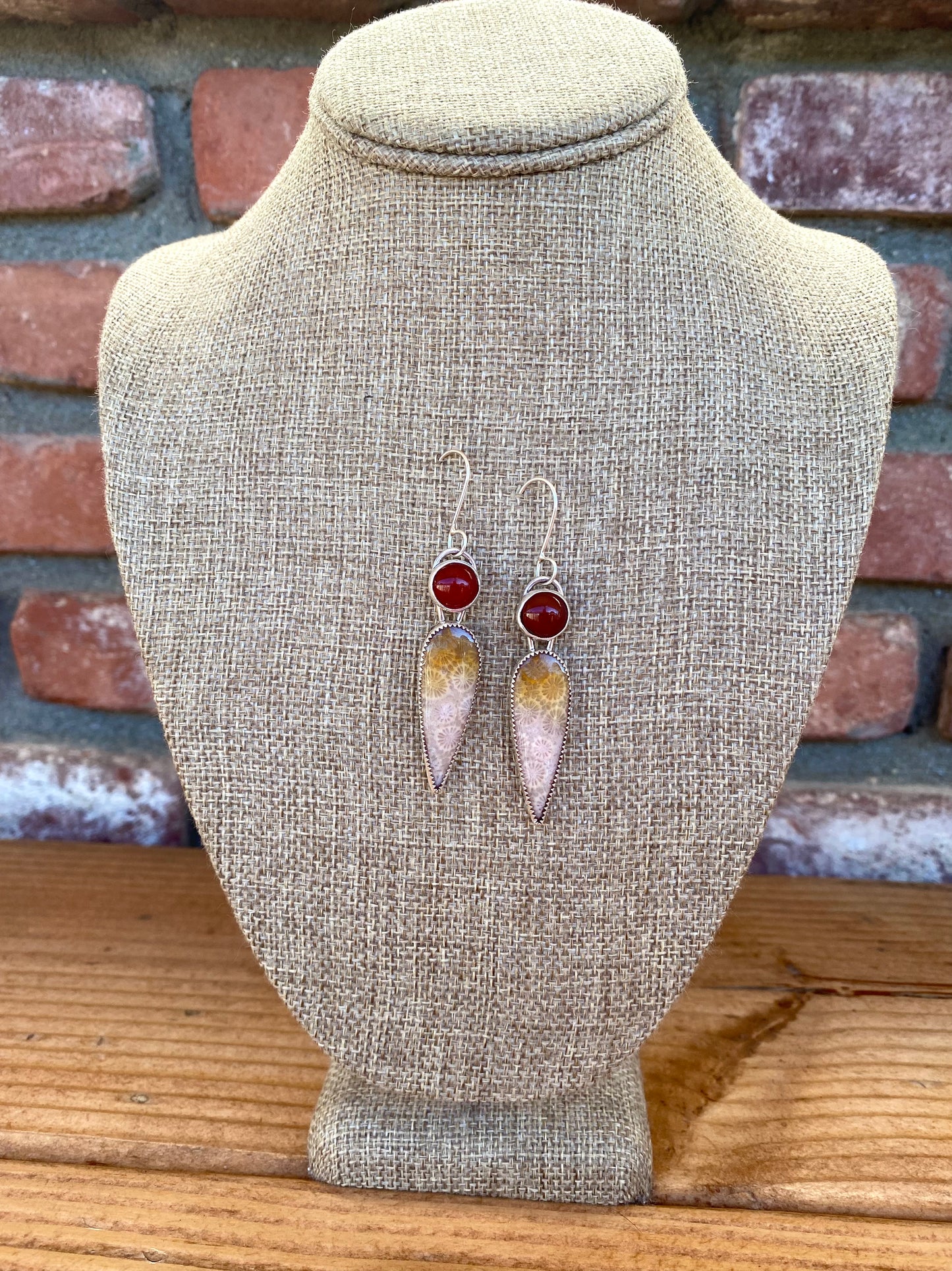 NS770 Fossil Coral, Carnelian, Sterling Silver Earrings