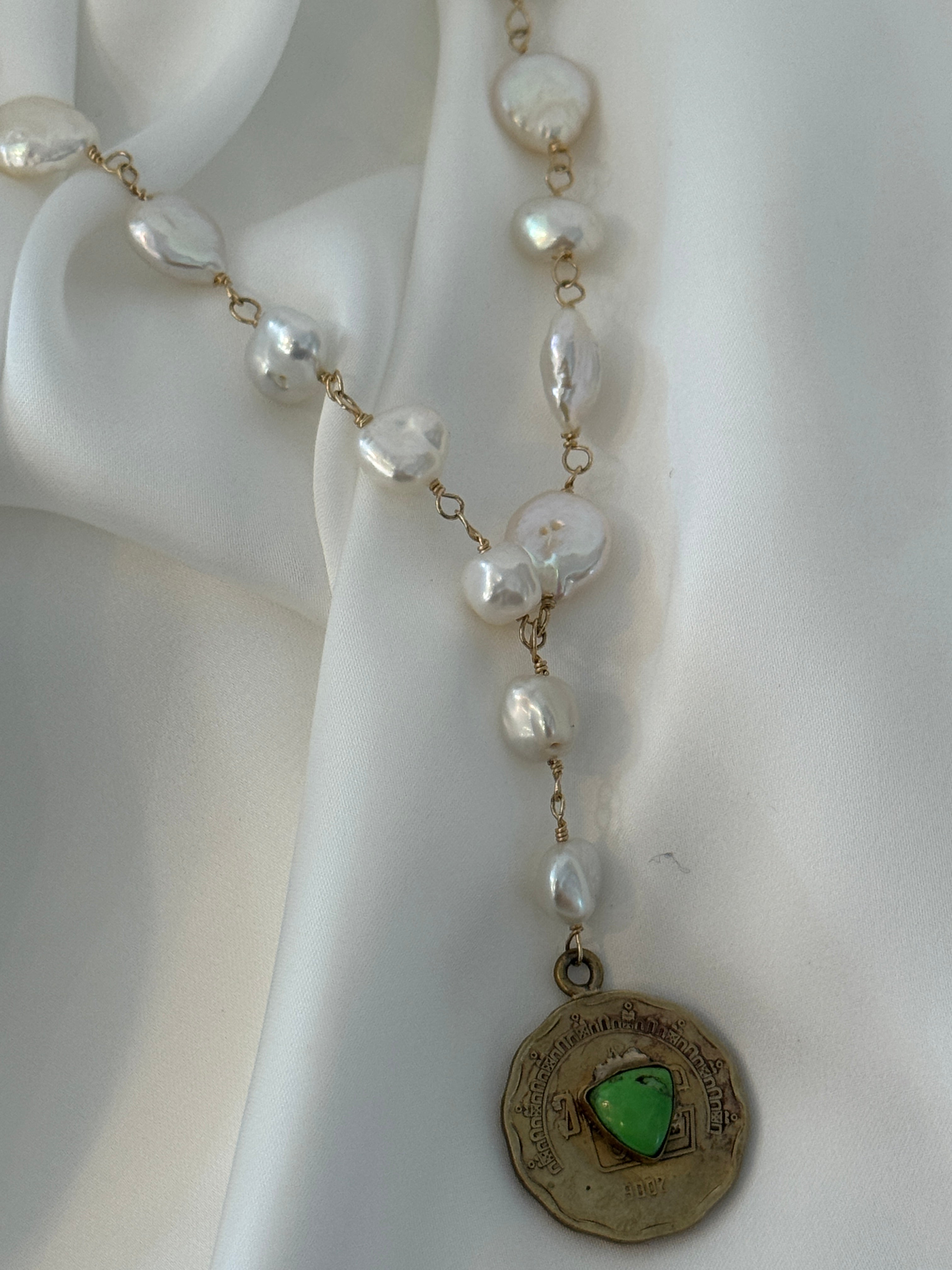 SN4510-WRPearl/GoldTurqCoinPendant
