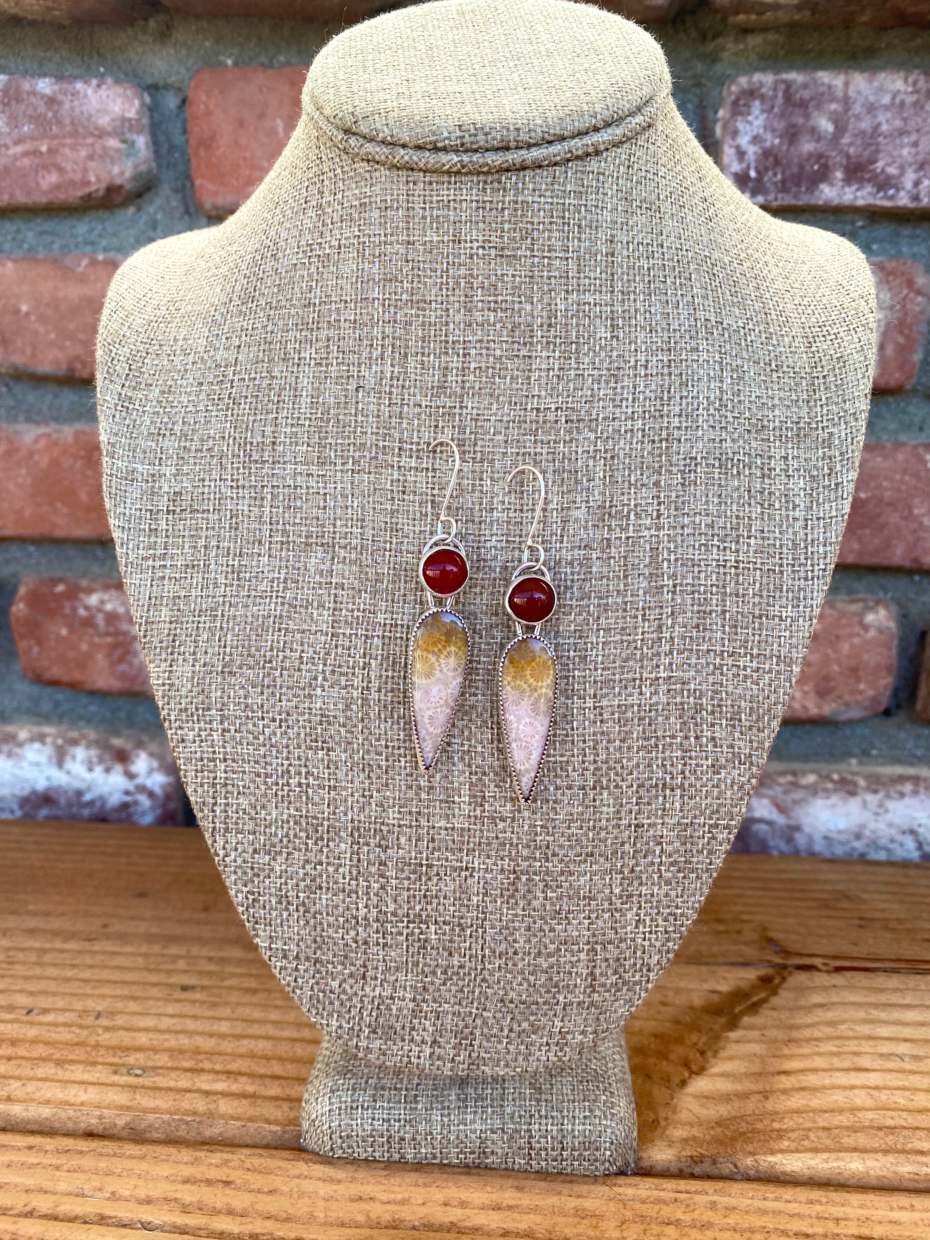 NS770 Fossil Coral, Carnelian, Sterling Silver Earrings