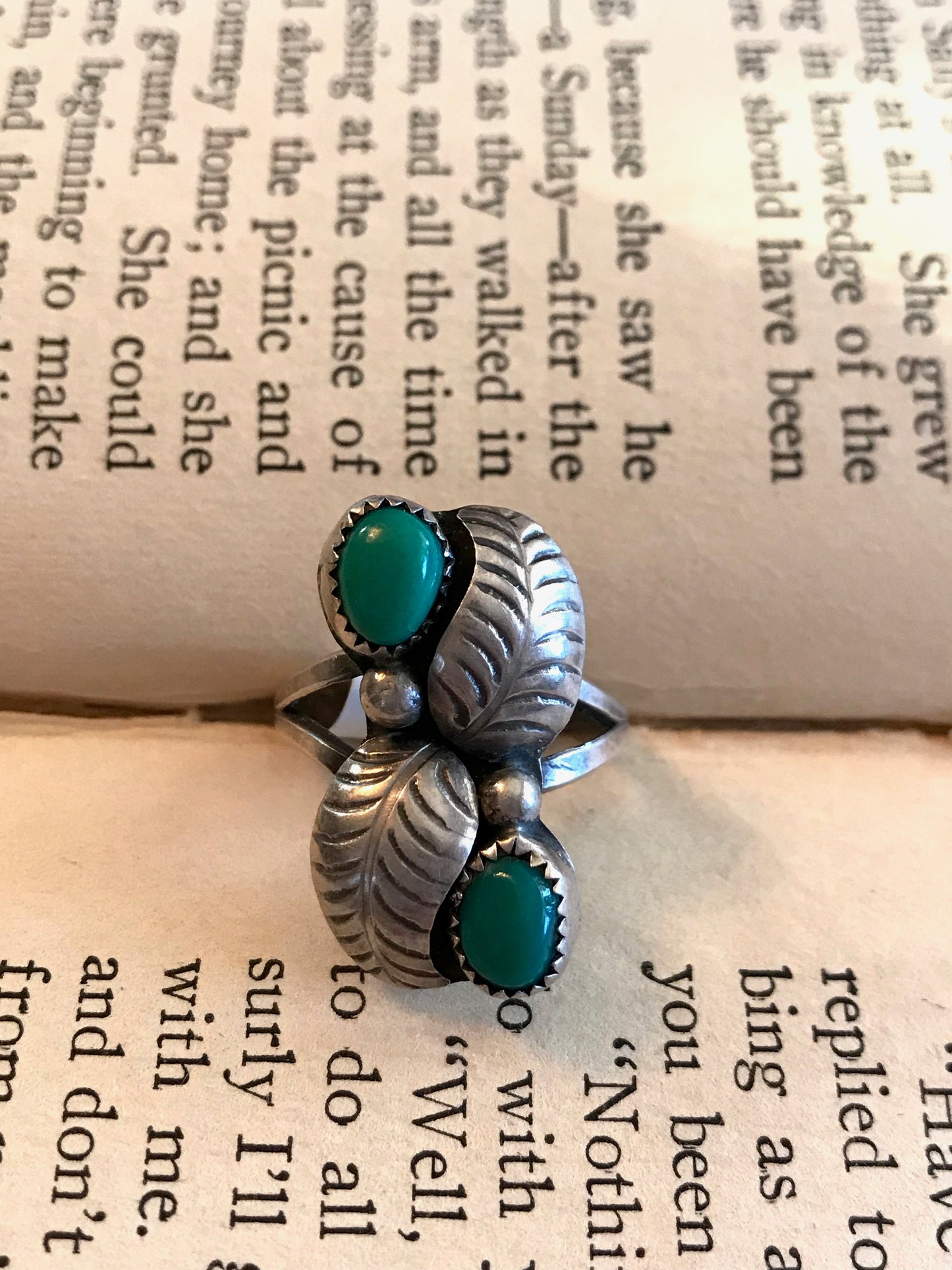 silver leaf vintage turquoise ring