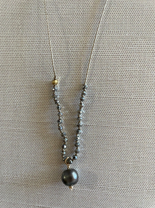 JN3883a Crystals Knotted W/Cultured Pearl Drop Necklace