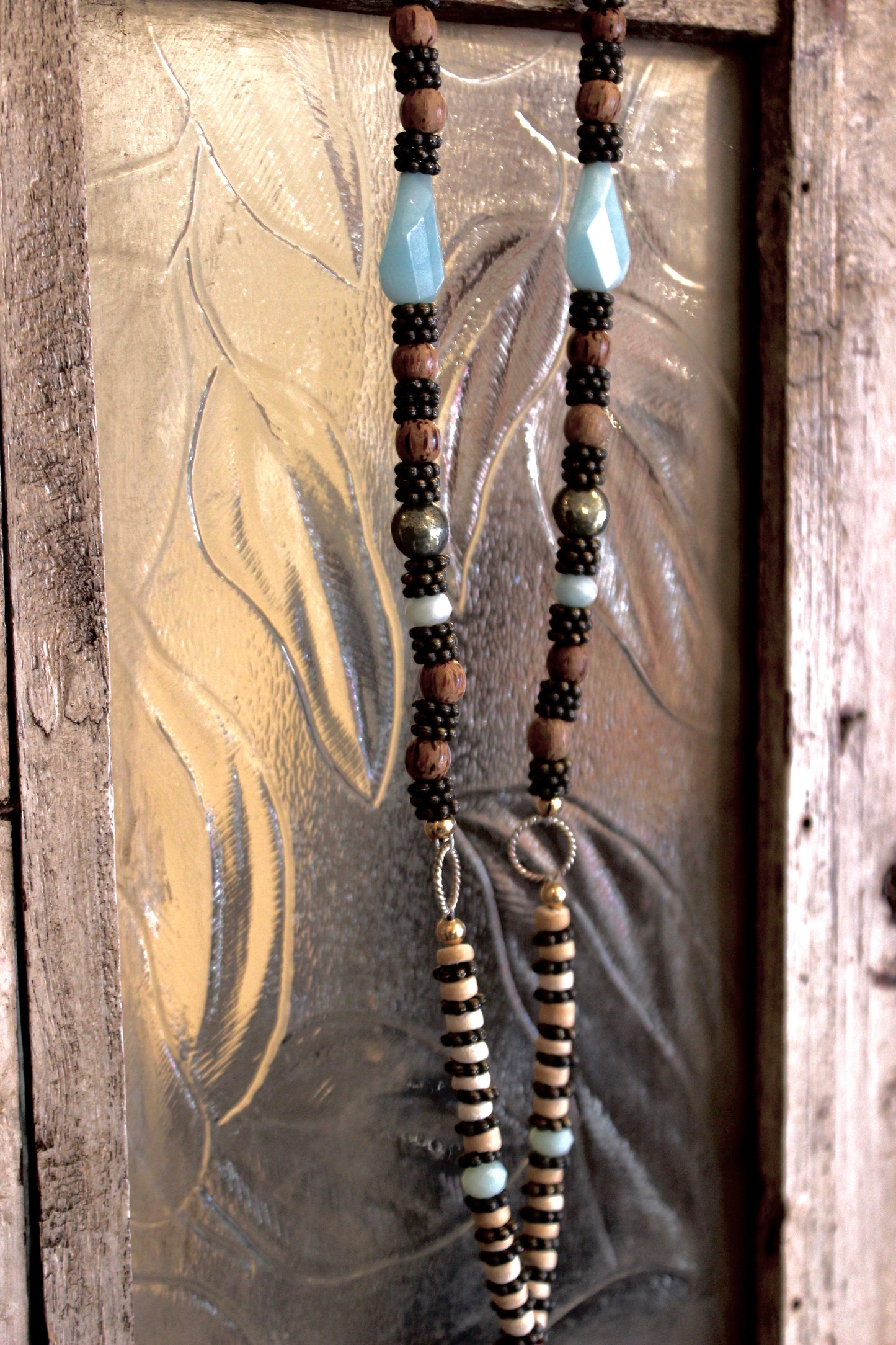 leather and wood with amanozite necklace